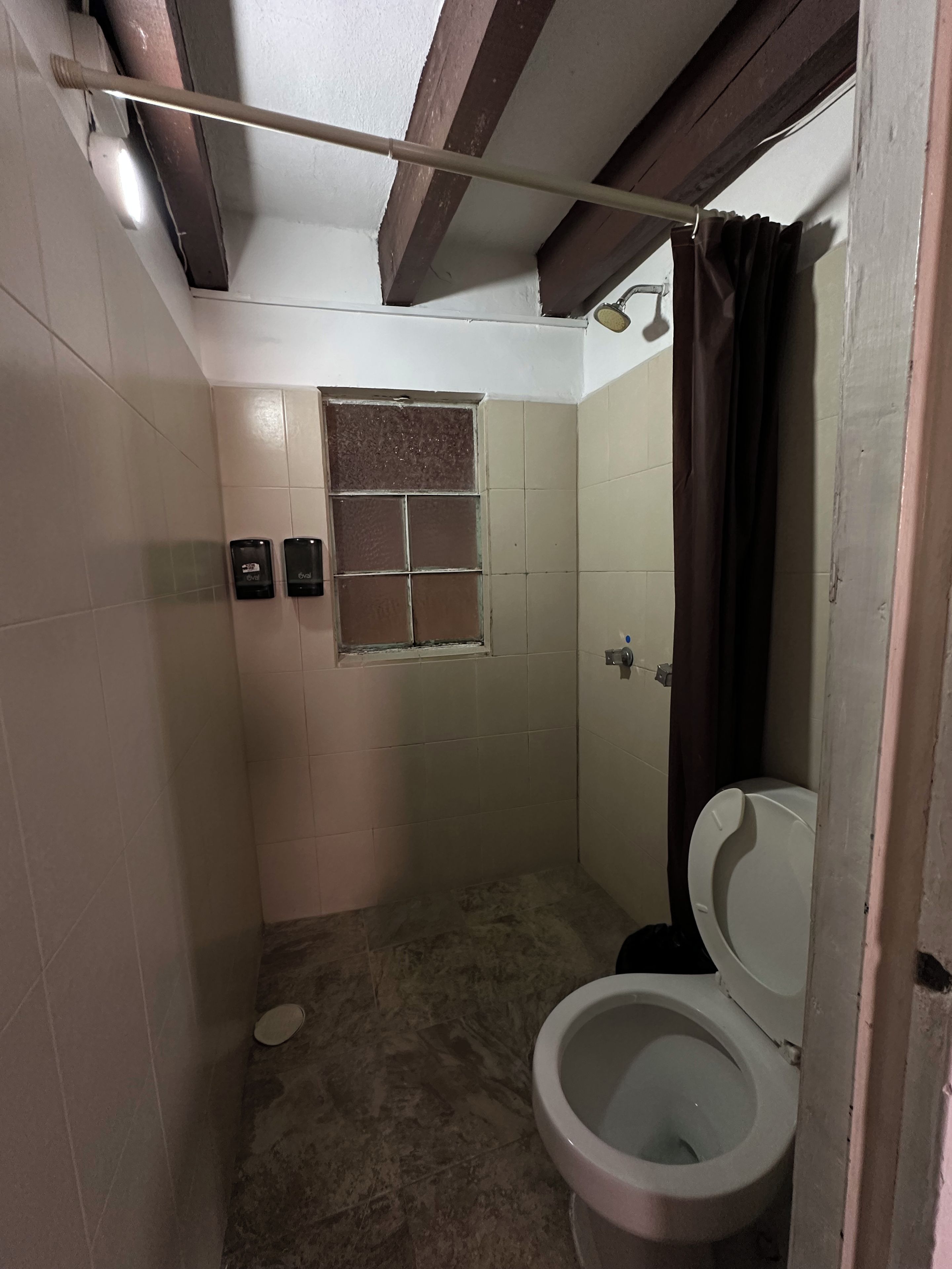 A small, narrow bathroom with a toilet, a shower area, and a window.