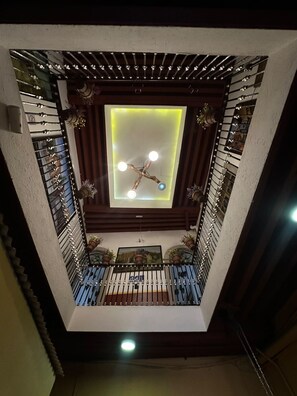 Un plafond doté d’un luminaire central et d’un élément décoratif rappelant un arbre.