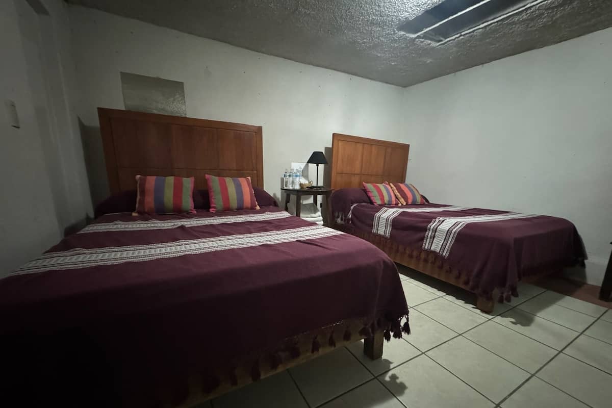 Una habitación con dos camas, cada una con cabecera de madera, y una mesita de noche con una lámpara.