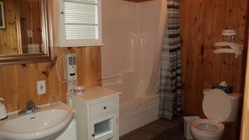 A bathroom with a sink, mirror, vanity, shower, and toilet.