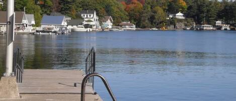 A waterfront dock with a metal railing, a concrete walkway, and houses in the background.