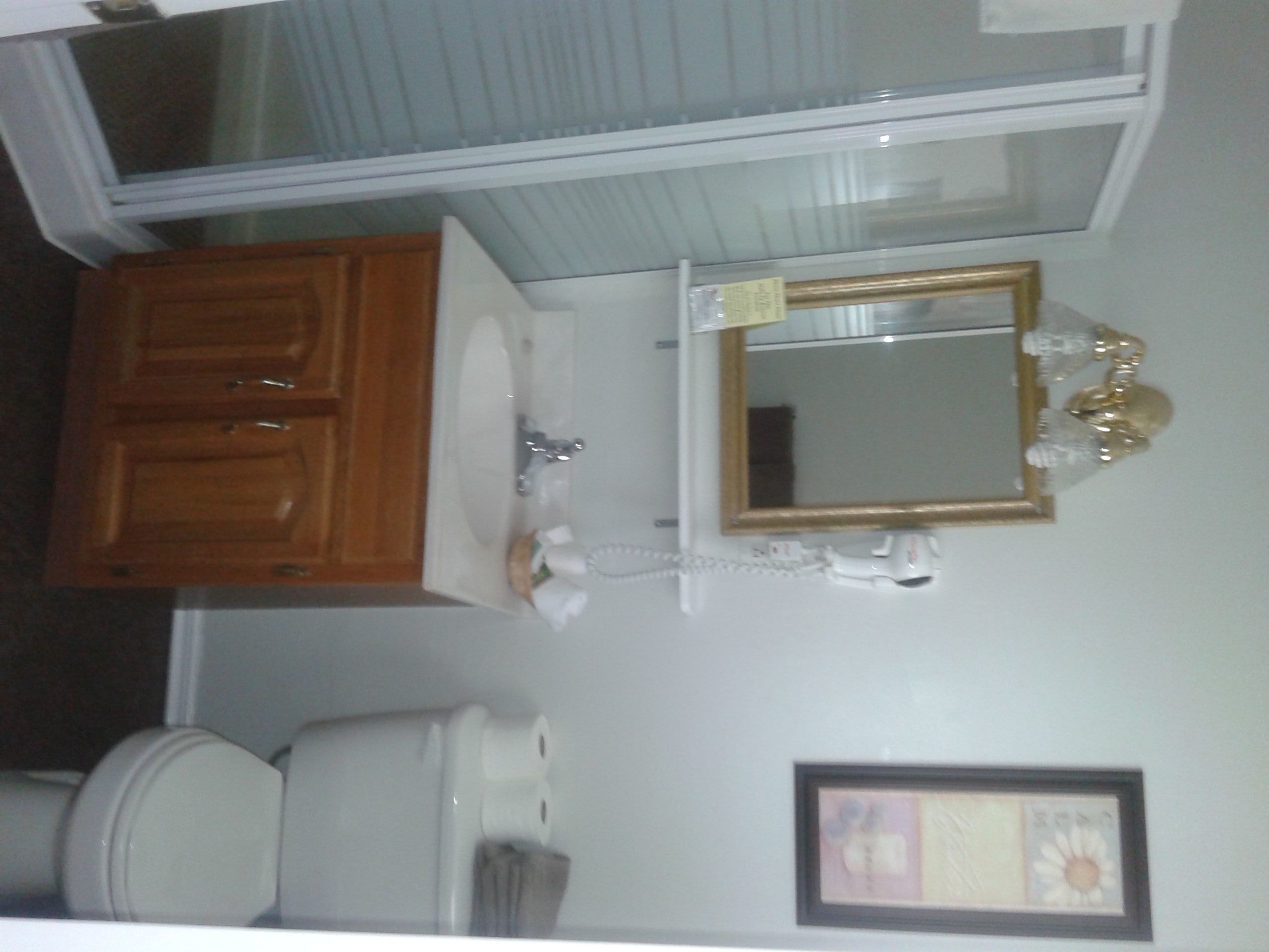 A bathroom with a wooden cabinet, a sink with a mirror, and a toilet.