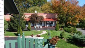 A green wooden fence with a gate, a small garden with potted plants, and a building with a red roof in the background.