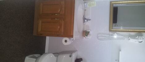 Un baño con inodoro, lavamanos y espejo.