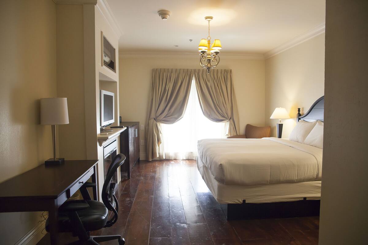 A hotel room with a bed, desk, chair, television, and curtains.