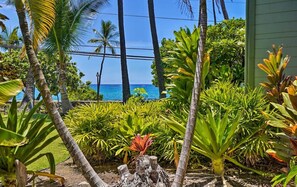 A tropical garden with palm trees and various plants, leading to a view of the ocean. - Kona Islander Inn Condos  (Kailua-Kona)