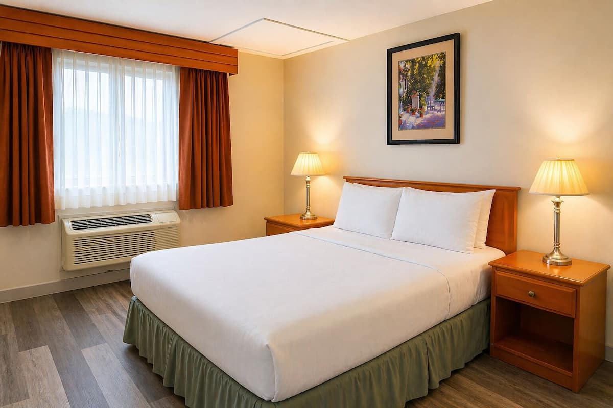 A hotel room with a bed, two bedside tables with lamps, a window with curtains, an air conditioning unit, and a framed picture on the wall.