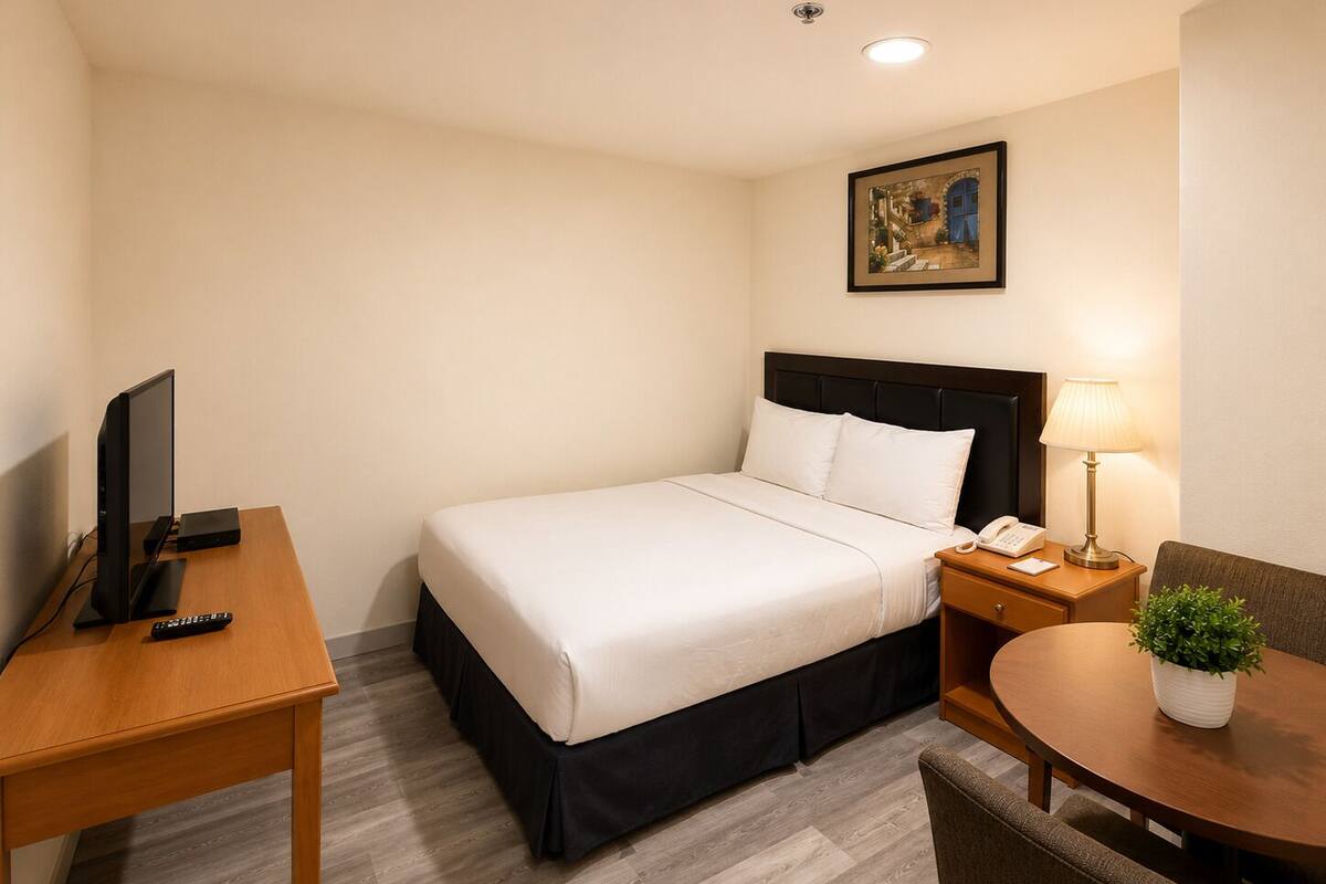 A hotel room with a bed, bedside table with a lamp, a desk with a TV, and a small table with a plant.