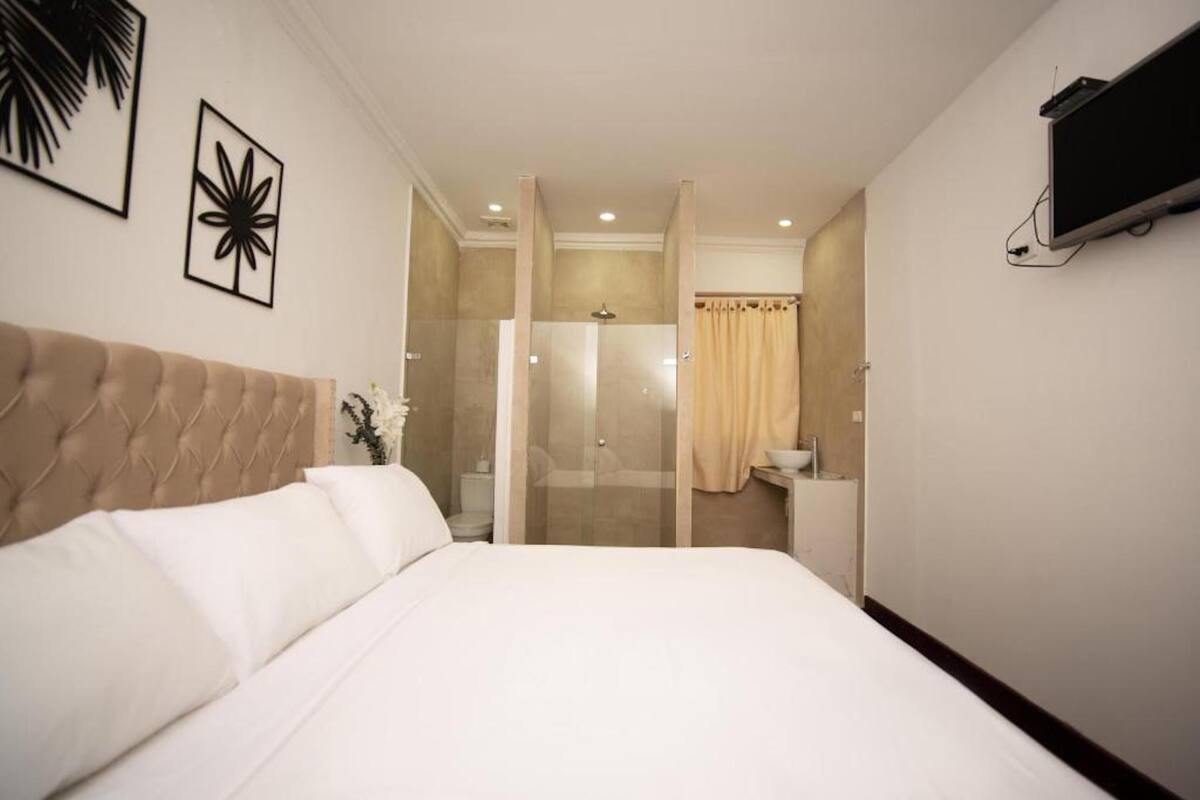 A hotel room with a large bed, a shower area, and a television mounted on the wall.