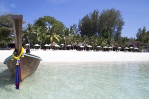 On the beach, sun-loungers, beach umbrellas, beach towels
