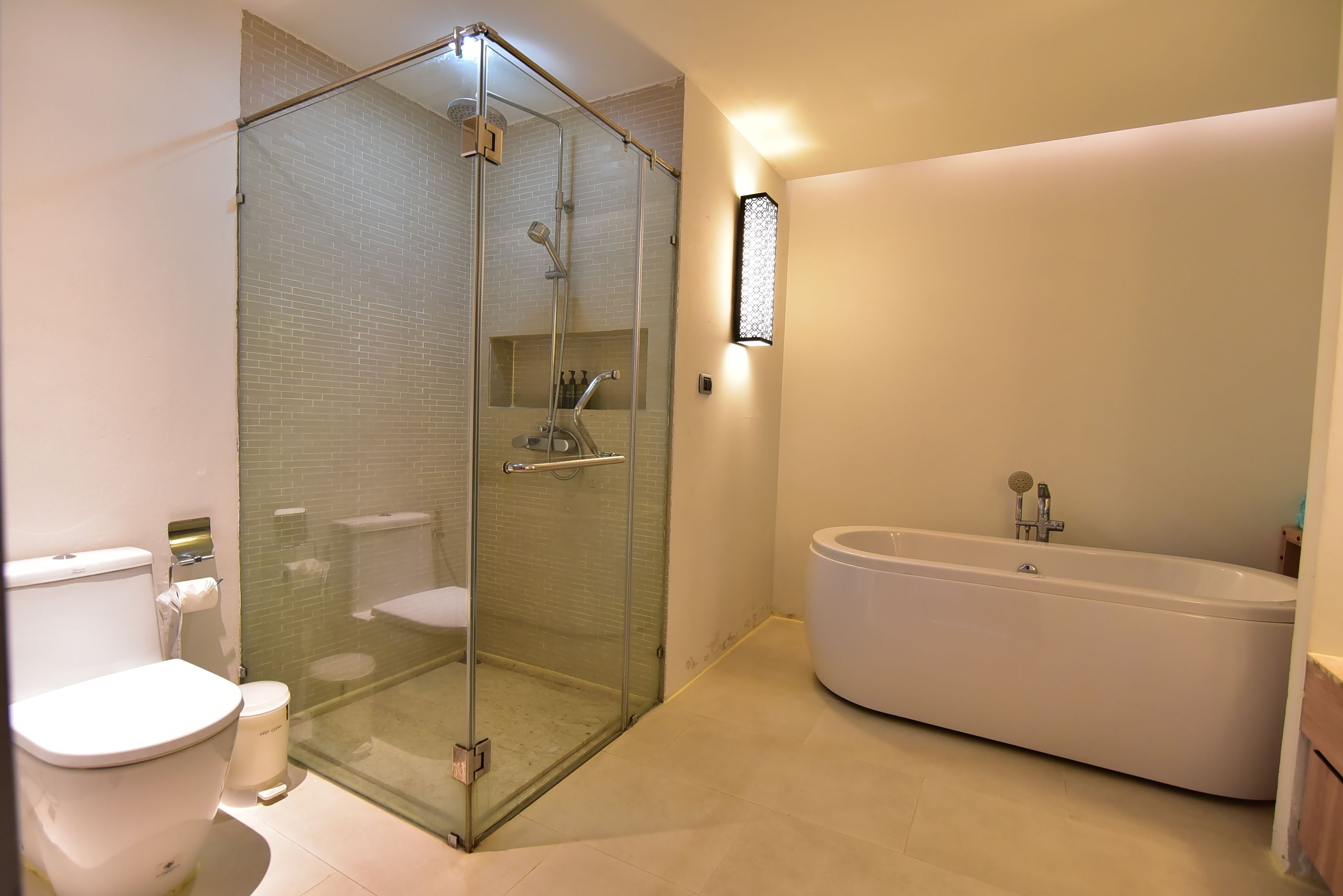 Une salle de bain moderne avec une douche à parois de verre, une baignoire sur pieds et des toilettes.