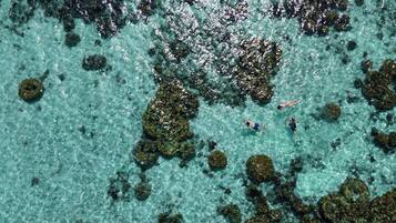 Une mer d’un bleu turquoise limpide, où l’on peut apercevoir des rochers et des formations coralliennes.