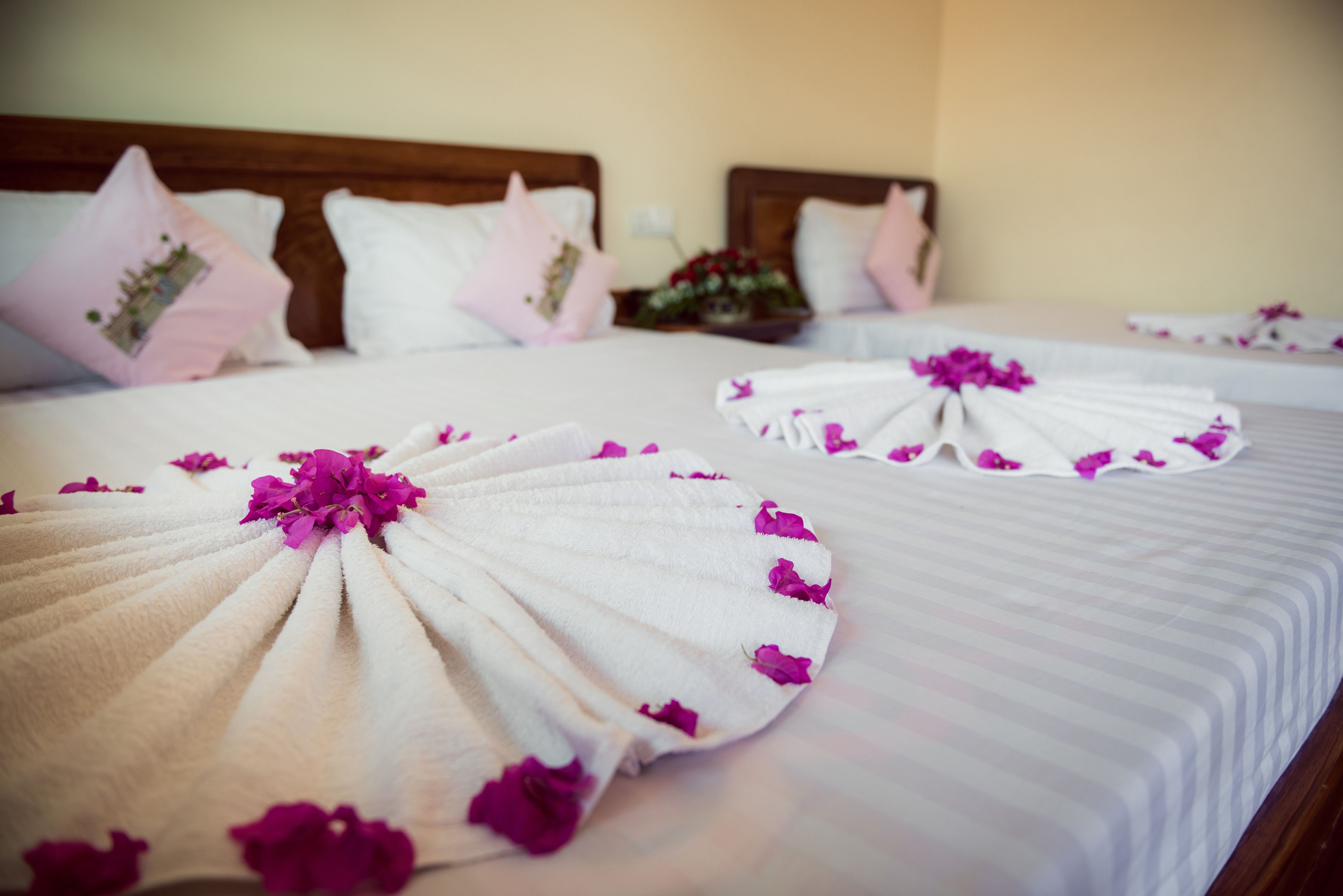 Habitación de hotel con camas ordenadas, cada una con cubrecama blanca y almohadas rosas.