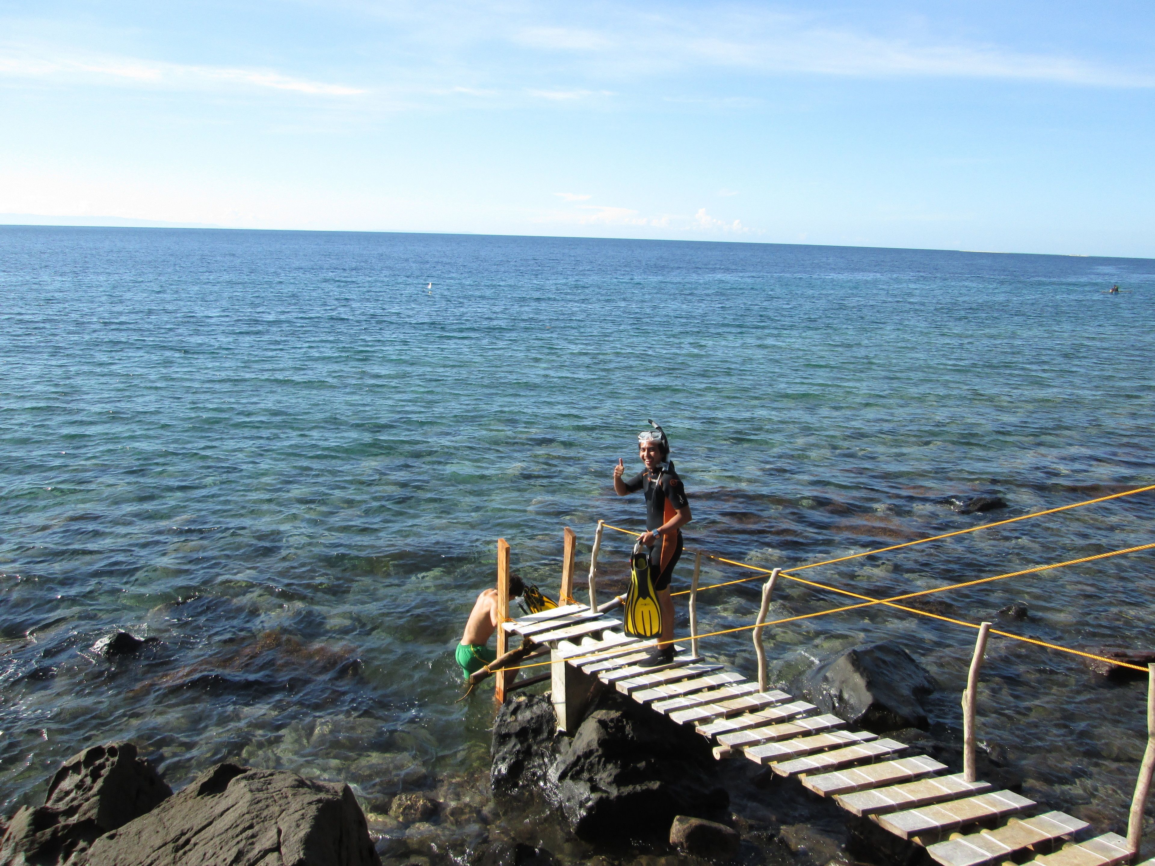 A wooden bridge over water with a person standing on it.