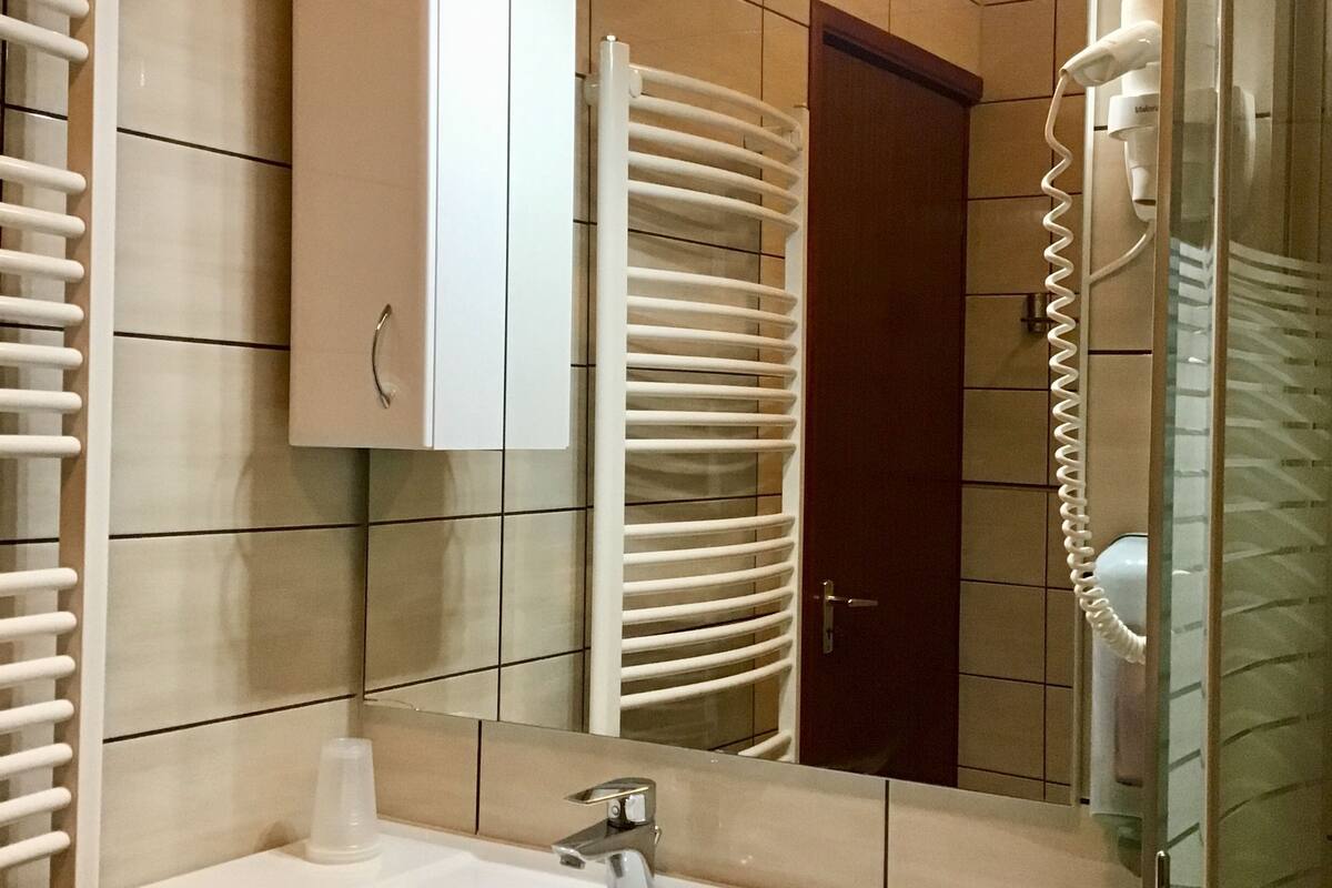 shower, free toiletries, hair dryer, towels