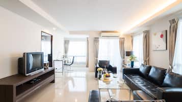 Beyond Suite 1 | Living area | 29-inch TV with cable channels, DVD player