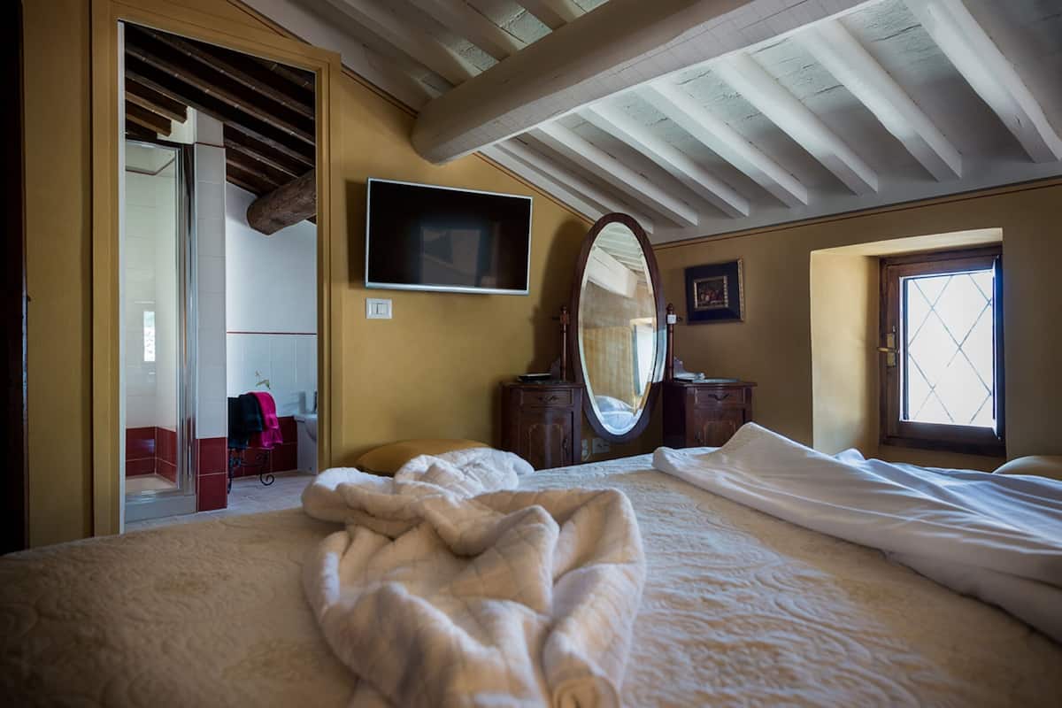 Een slaapkamer met een bed, een aan de muur bevestigde televisie, een spiegel en een raam met uitzicht.