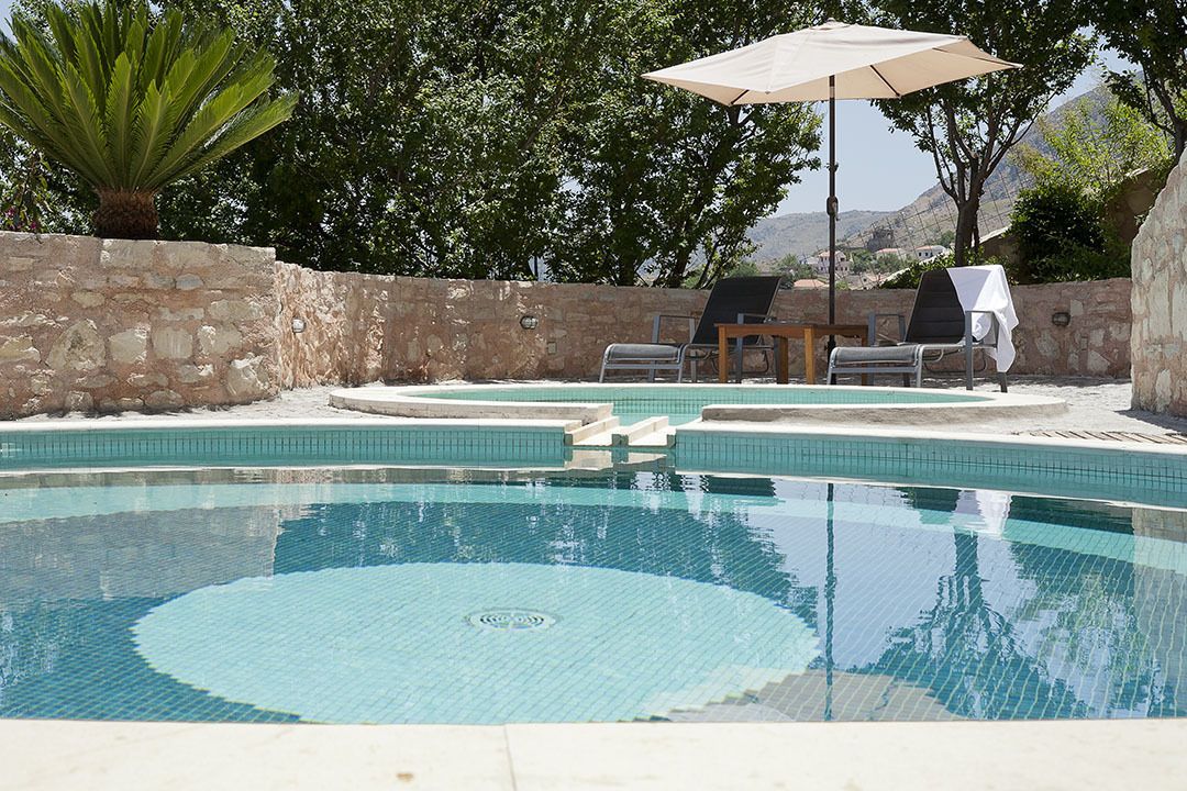 A swimming pool with a stone wall, a palm tree, and lounge chairs.