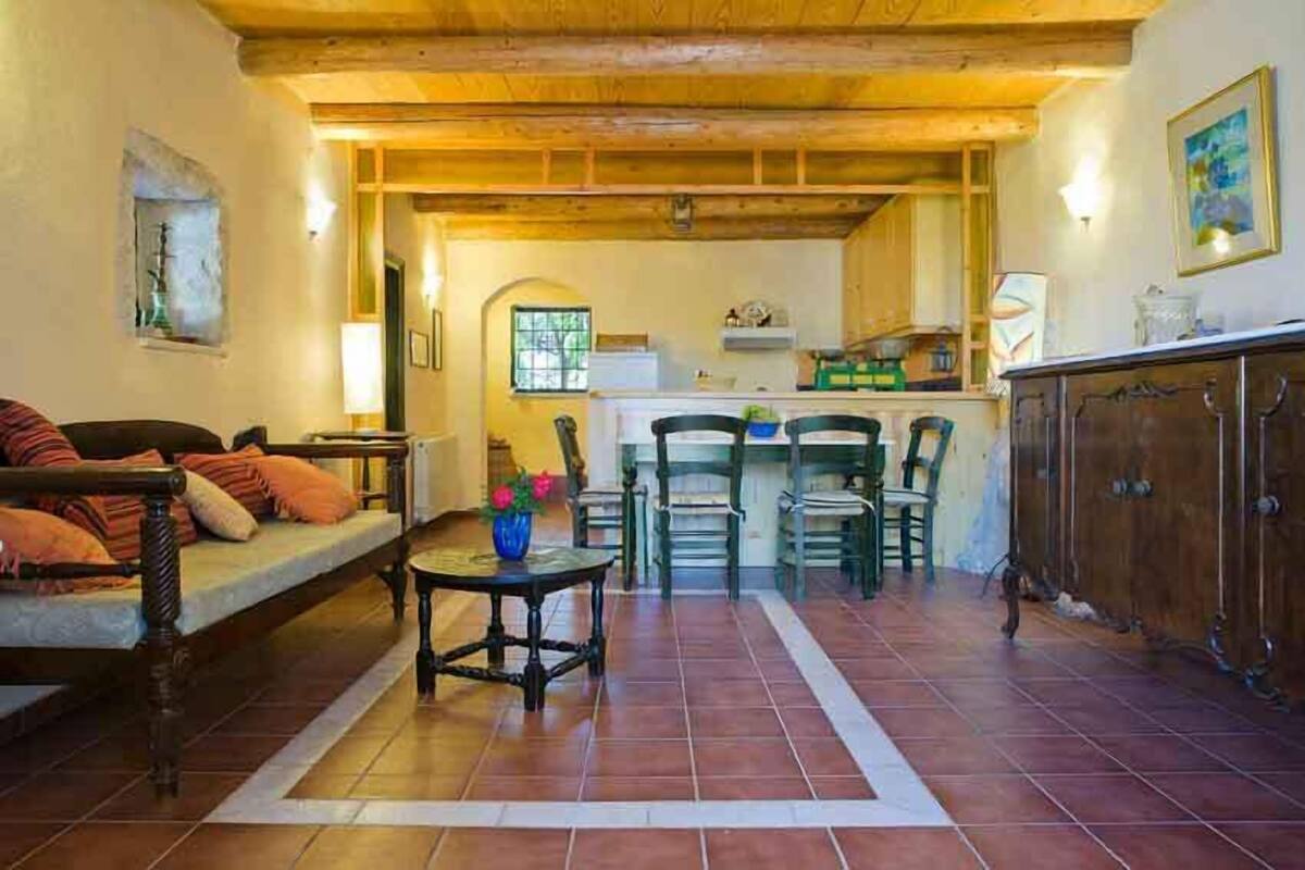Una sala de estar acogedora con techo de madera, un sofá con cojines, una mesita con un florero y una zona de cocina con sillas y una encimera.