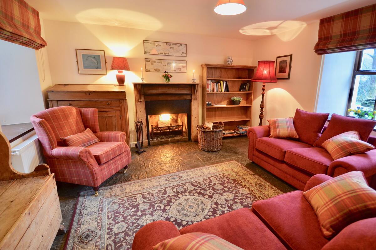 Ein gemütliches Wohnzimmer mit Kamin, roten Sofas und einem gemusterten Teppich.
