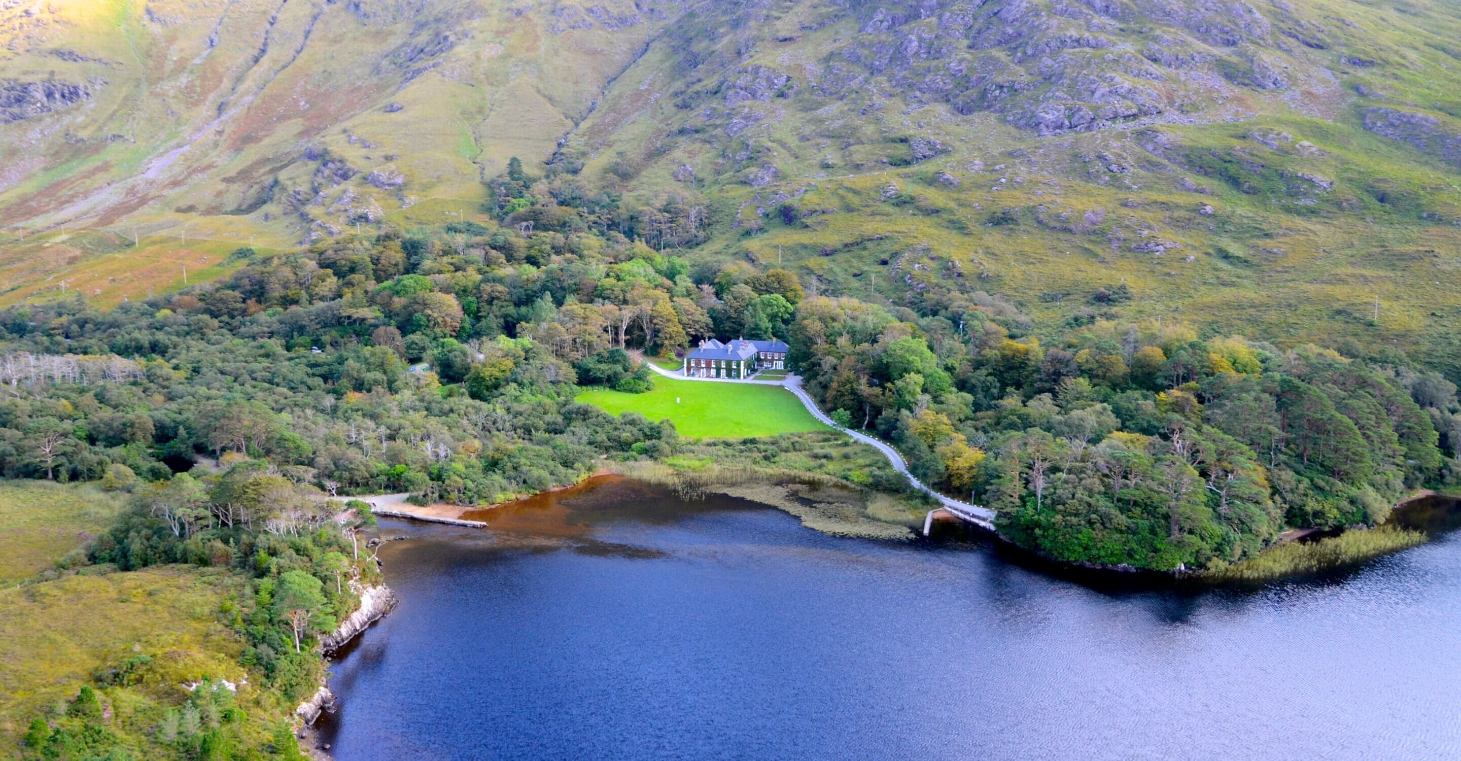 An aerial view of a house surrounded by lush greenery and a lake.