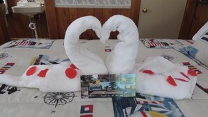 A bed with a quilt featuring a swan design and a small booklet. - Lake Winnipesaukee Motel (Laconia)