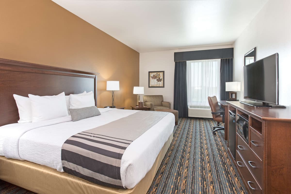 Une chambre d’hôtel avec un grand lit, un bureau avec une télévision et une chaise.