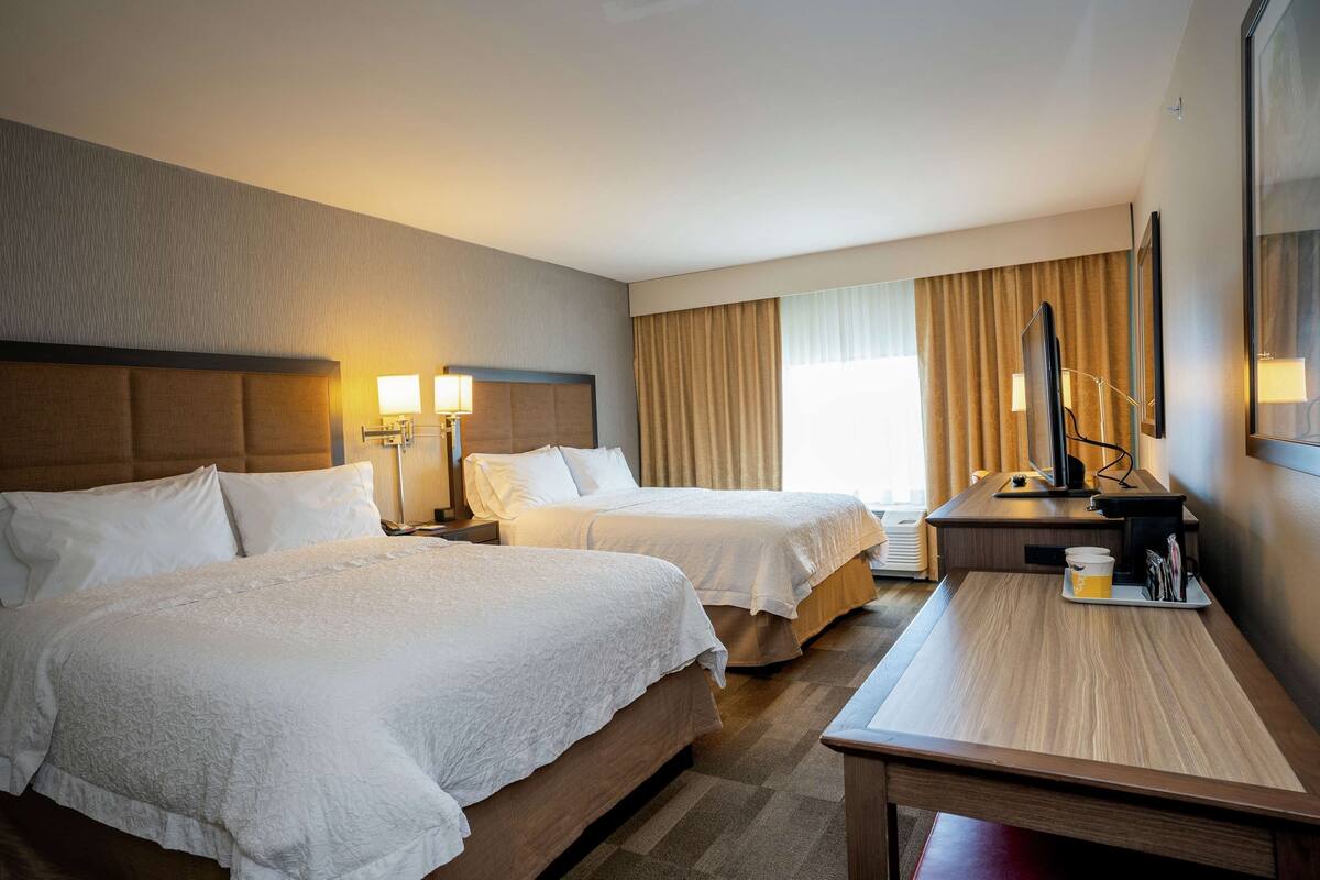 Quarto de hotel com duas camas, uma escrivaninha, uma cadeira, um abajur, uma xícara de café e uma televisão.