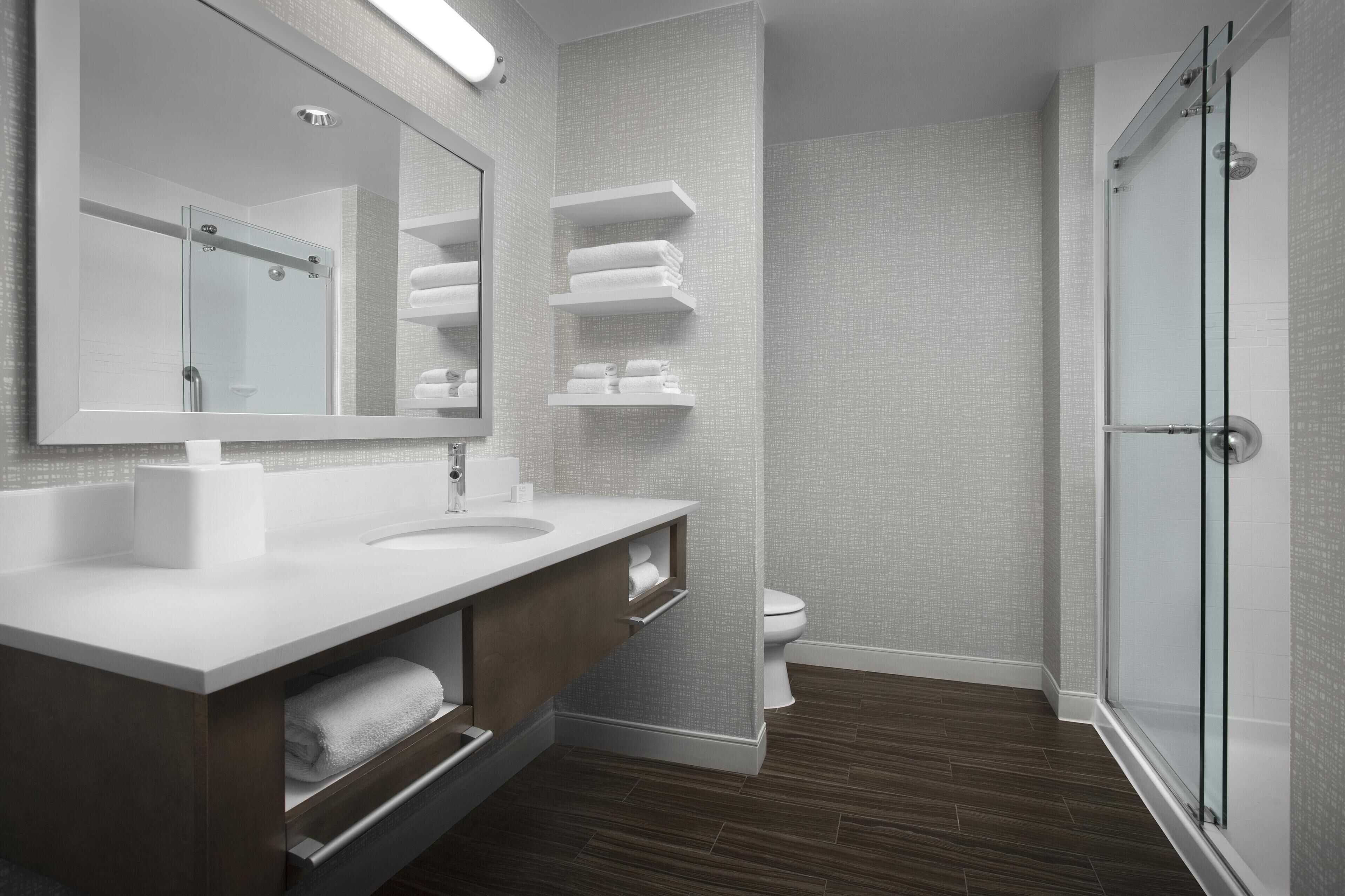 king, refrigerator & microwave | bathroom shower