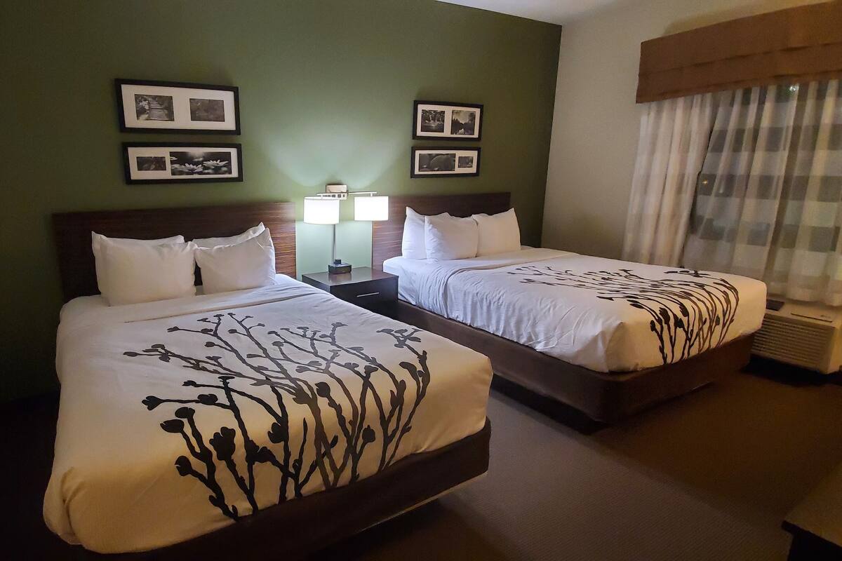 Una habitación de hotel con dos camas, una mesita de noche con lámpara y cuadros en la pared.