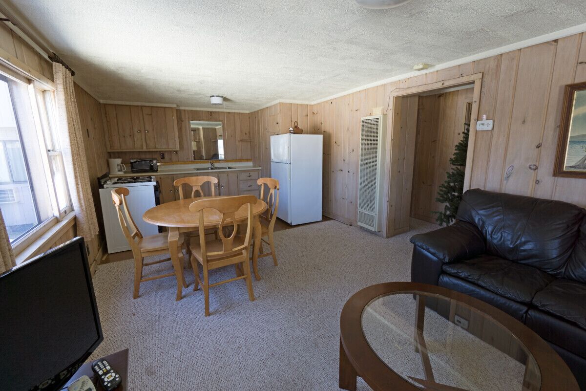 Een ruimtelijk ingerichte leefruimte met kitchenette, eethoek en zithoek.