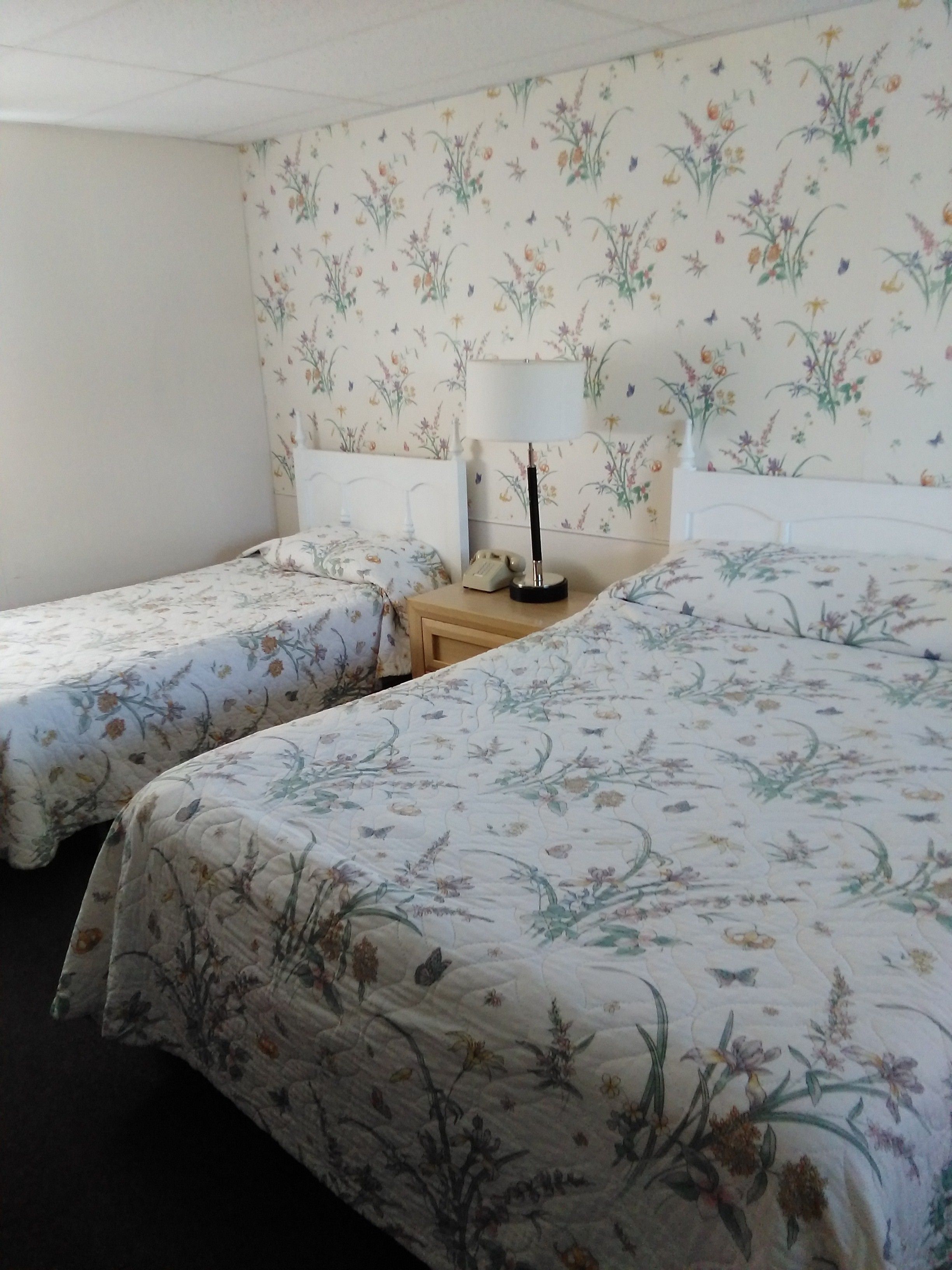 Ett rum med två sängar, sängkläder med blommönster, ett nattduksbord med en lampa och en telefon.
