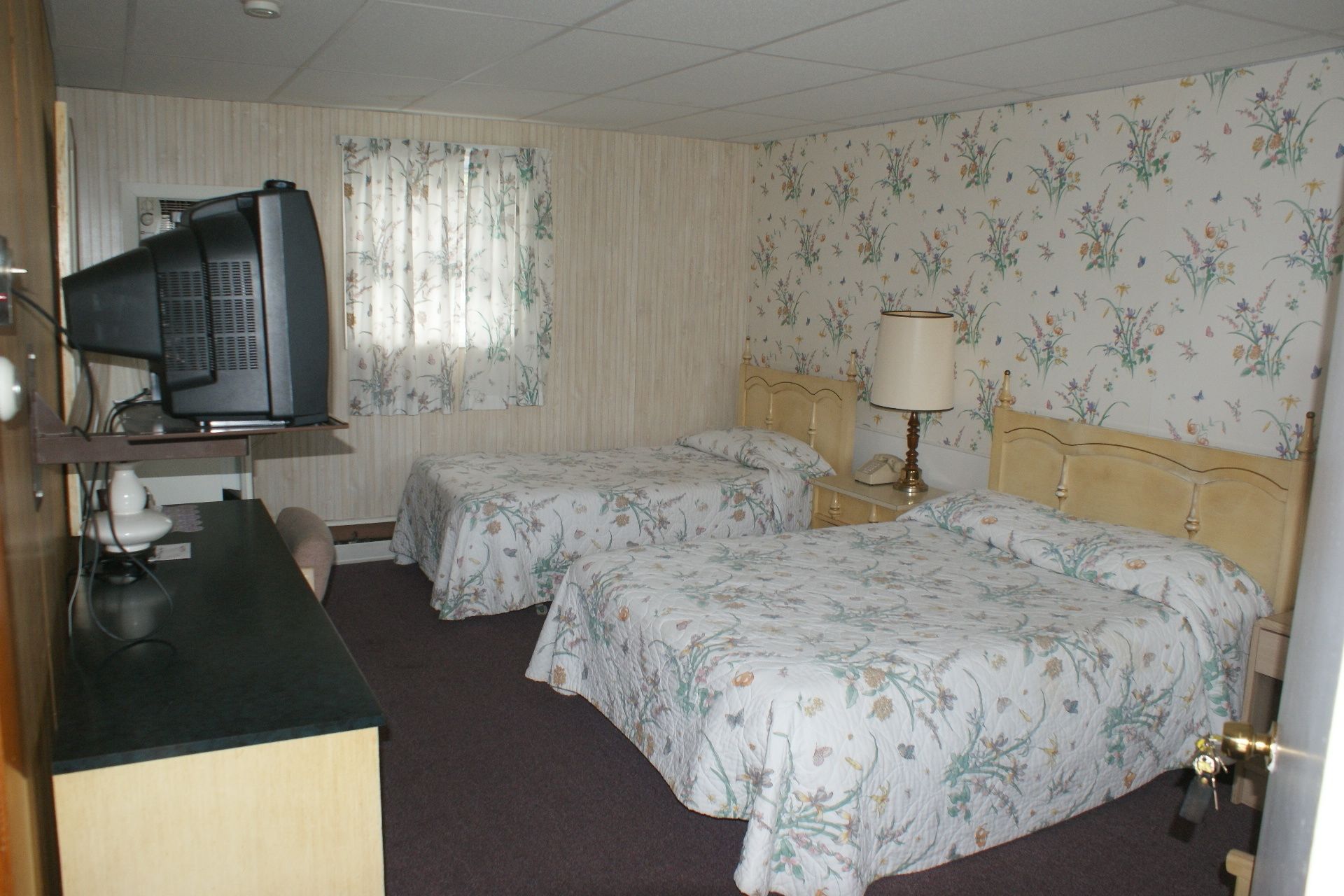 A hotel room with two single beds, a desk with a television, a lamp, and floral wallpaper.