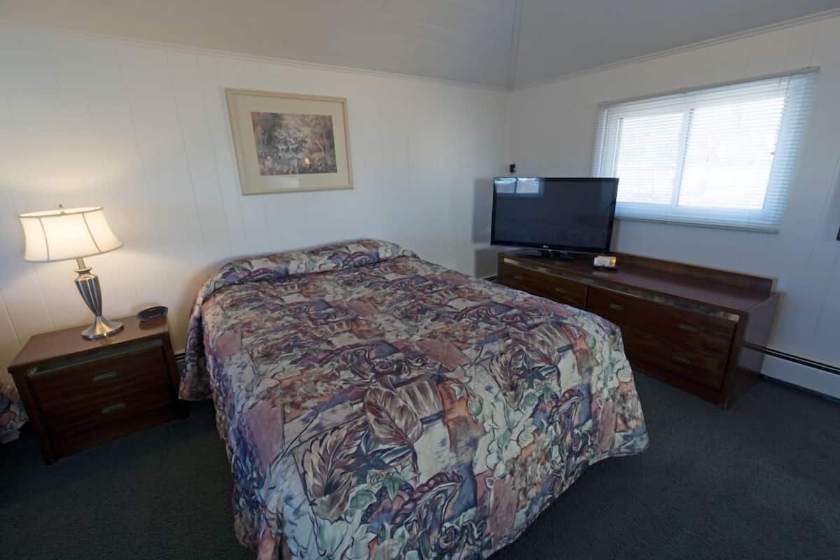 Une chambre à coucher avec un lit, une télévision, une commode, une lampe et une fenêtre.