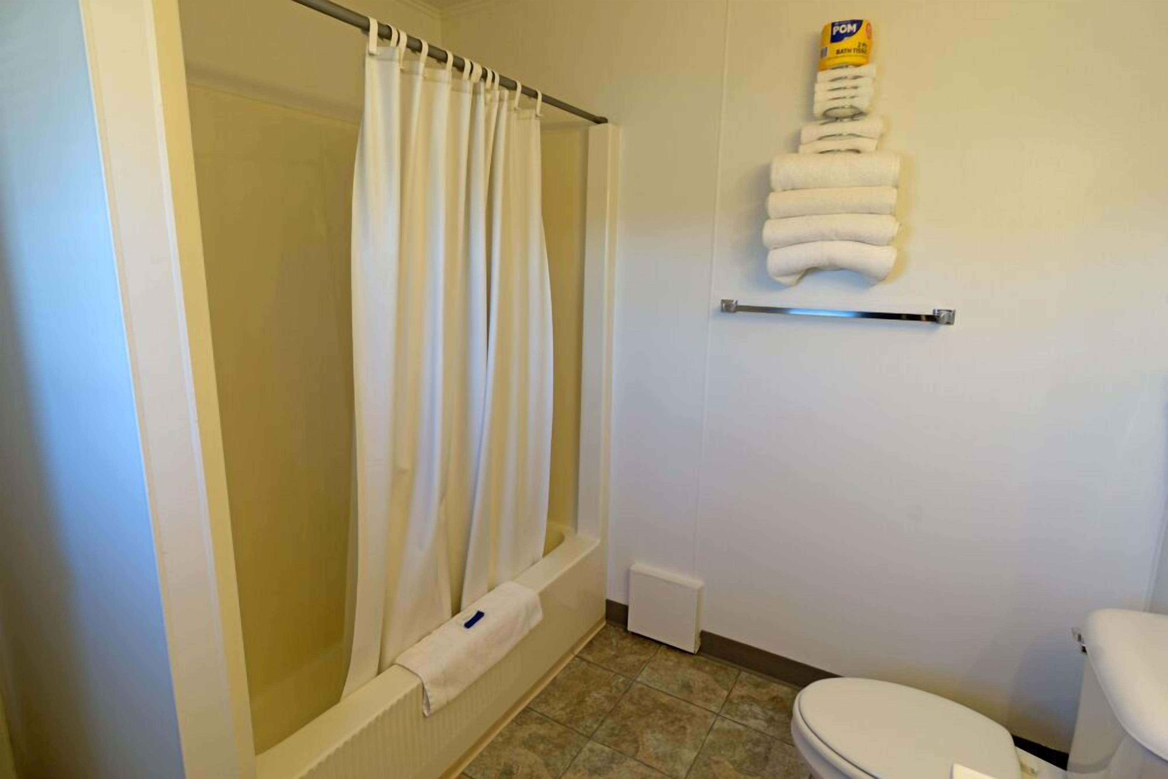 Un bagno con doccia, servizi igienici e un portasciugamani con asciugamani.
