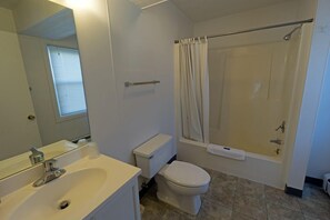 Bañera con ducha, secador de pelo, toallas, jabón