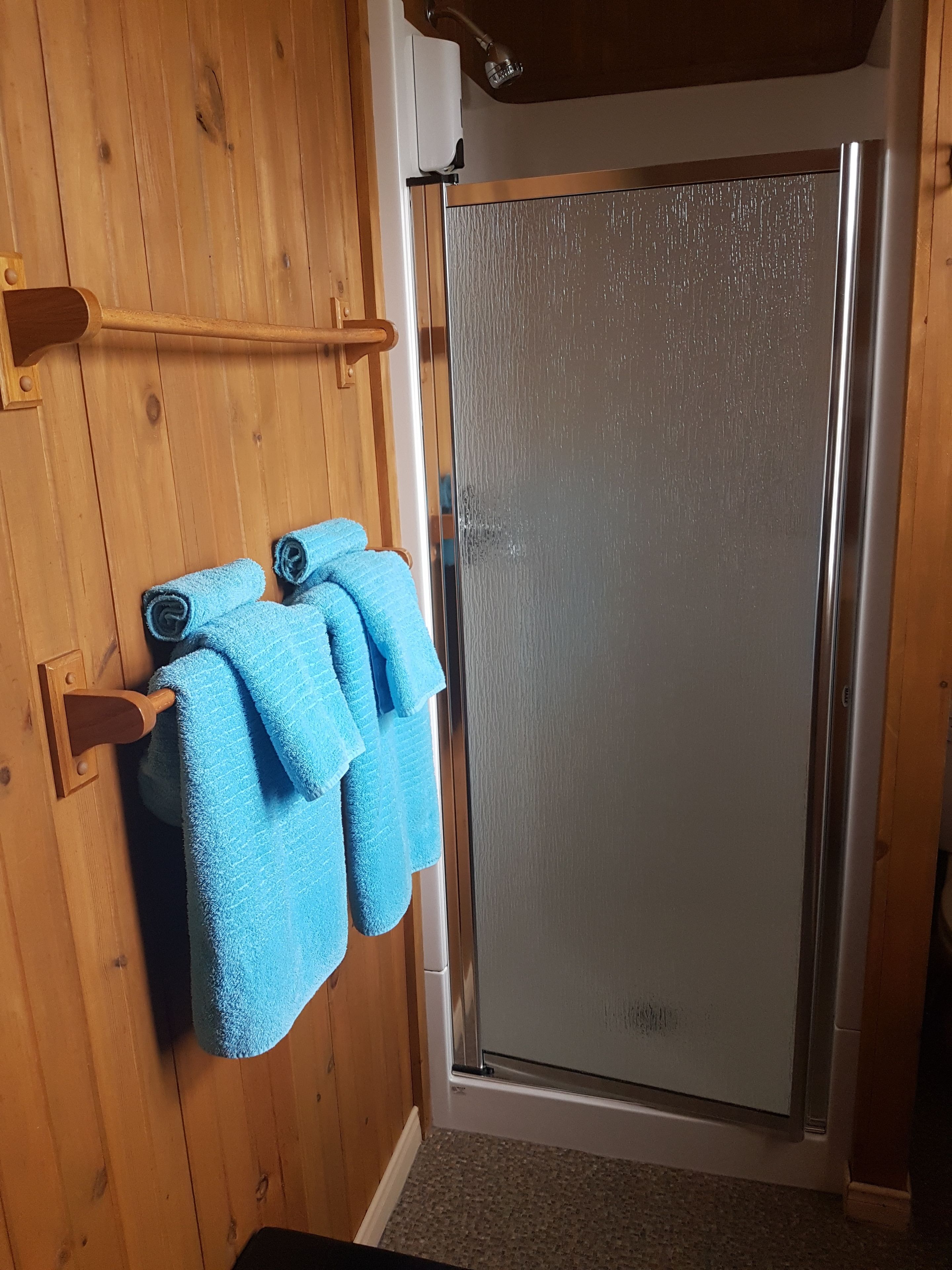 Interior de madera con puerta de vidrio para la ducha y un perchero con dos toallas.