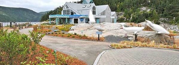 Un edificio de diseño moderno, un camino de entrada pavimentado y un paisaje rocoso con esculturas blancas.