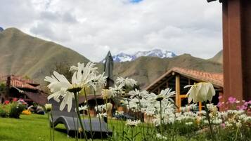 Un jardín con flores blancas y un edificio de techo rojo.