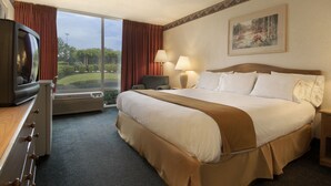 Una habitación de hotel con una cama grande, televisión, escritorio y ventana con cortinas.