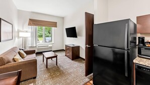 A compact hotel room with a kitchenette, a sofa, a TV, and a window with a view of greenery.