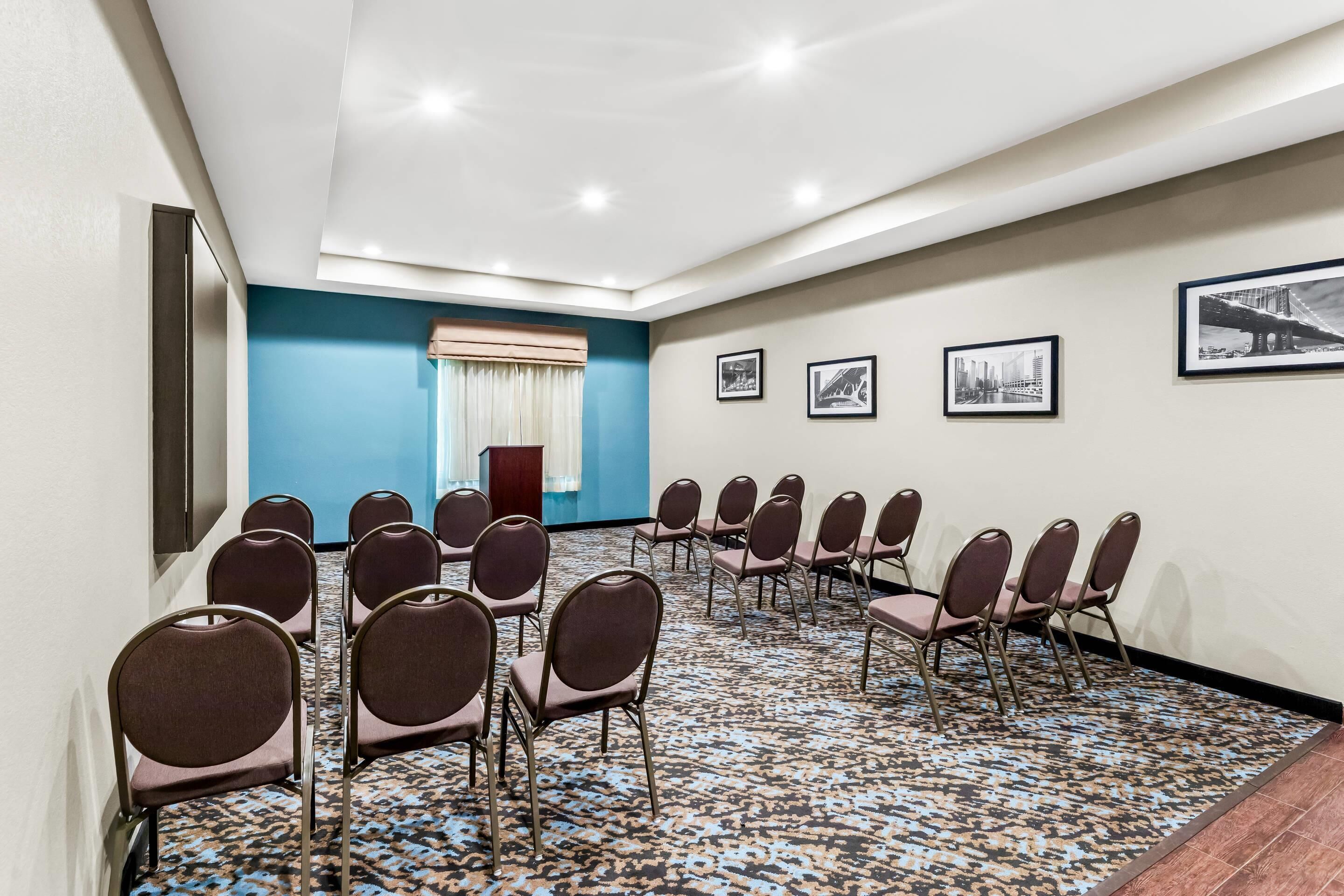 A conference room with rows of chairs, a patterned carpet, and framed pictures on the walls.