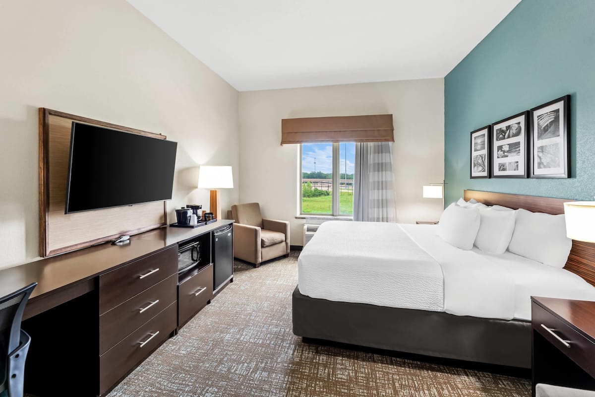 A hotel room with a large bed, a television, a desk with drawers, a chair, a window with a view of the outdoors, and framed pictures on the wall.