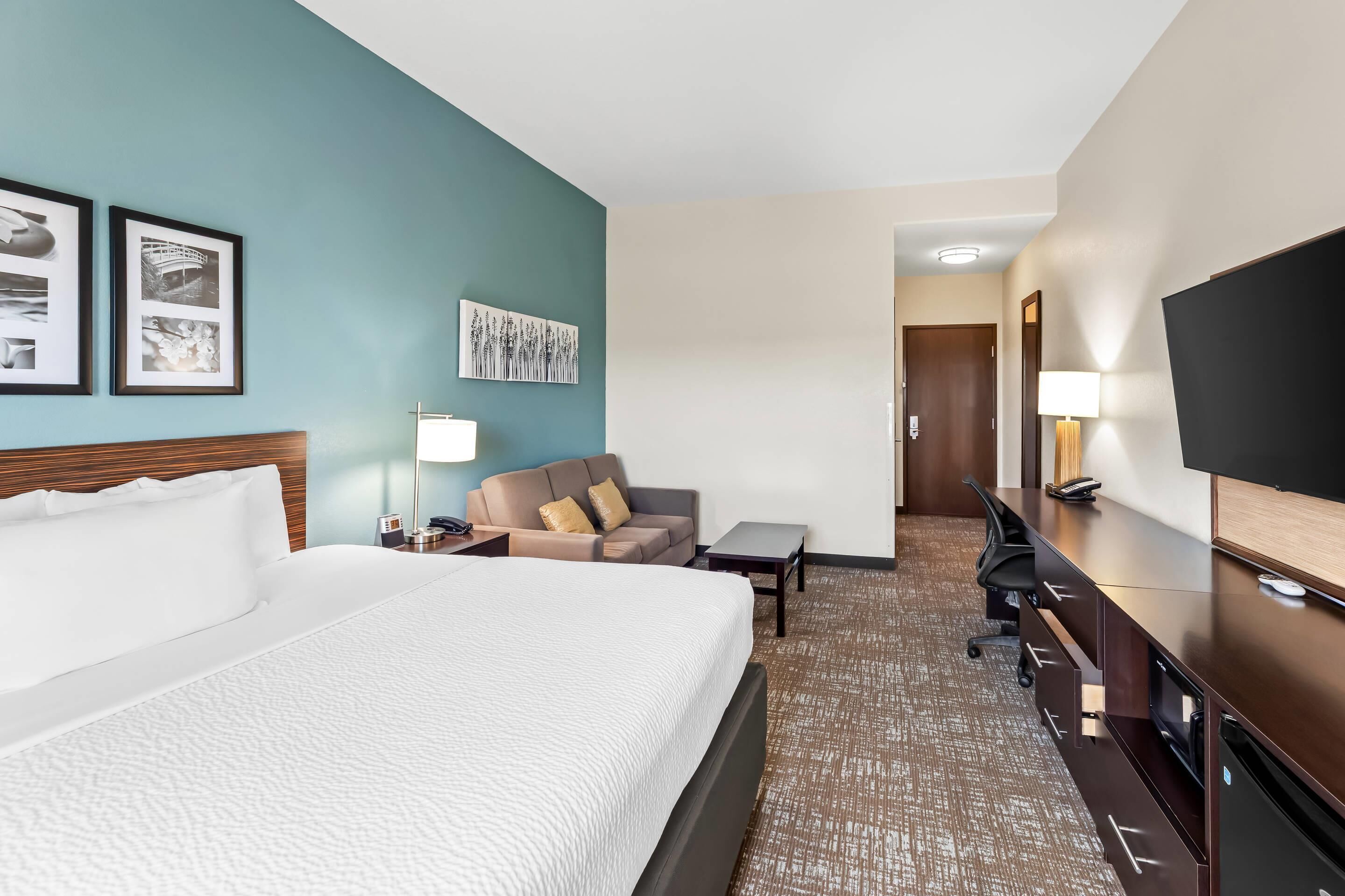 Habitación de hotel con una cama grande, un escritorio, un televisor y un sofá.