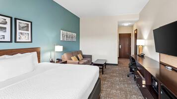 Habitación de hotel con una cama grande, un escritorio, un televisor y un sofá.