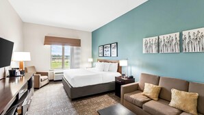 Una habitación de hotel con cama, escritorio, sofá y televisor.