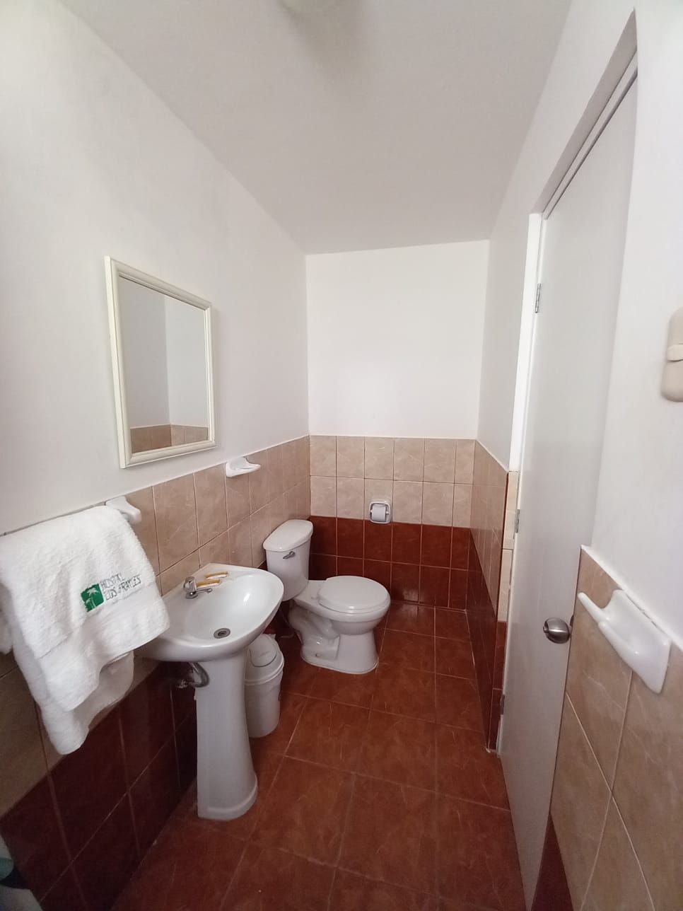 A small bathroom with a sink, two toilets, and a mirror.