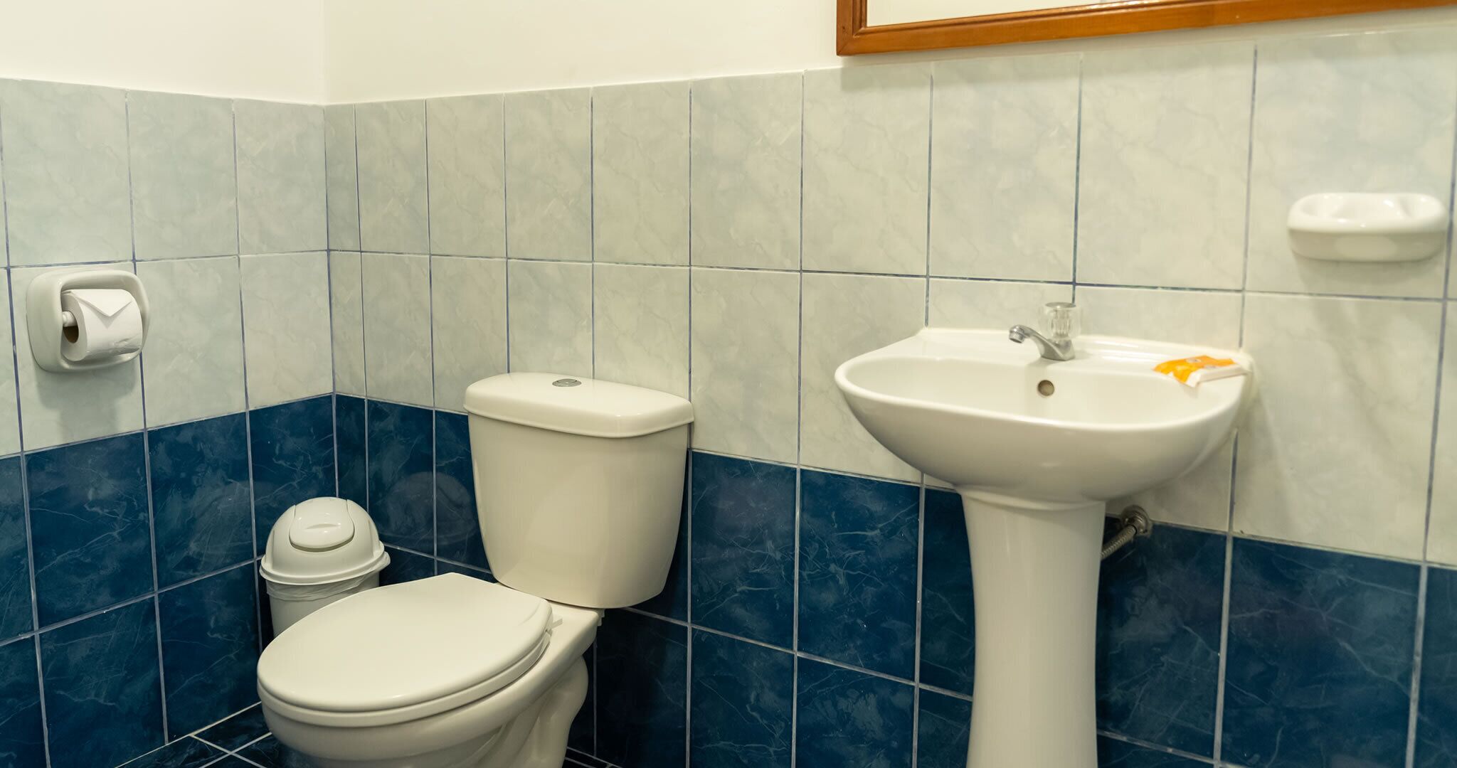Un baño con inodoro, lavamanos y azulejos azules y blancos.