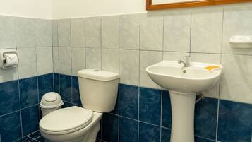 Un baño con inodoro, lavamanos y azulejos azules y blancos.