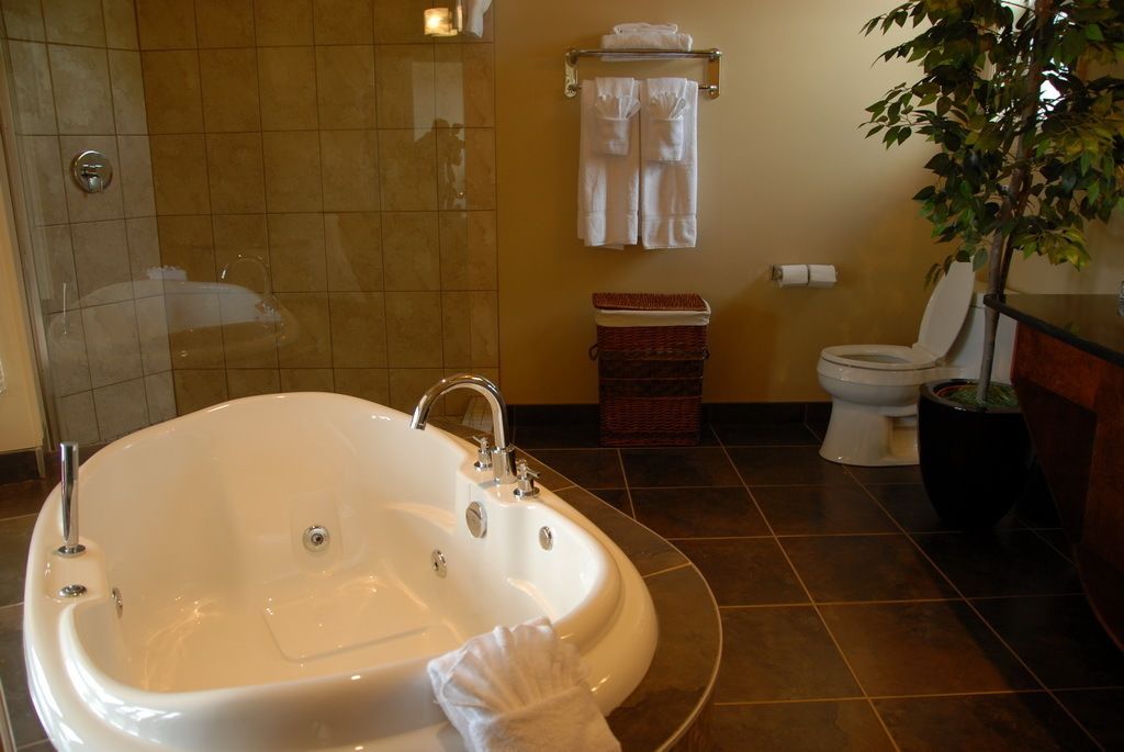 Une salle de bain avec une grande baignoire, des toilettes, un espace douche et une plante en pot.